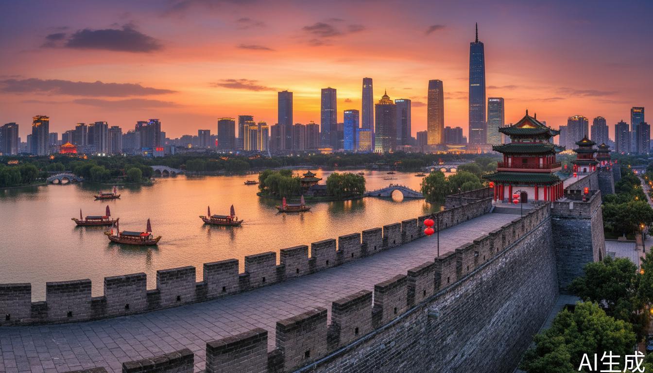 Nanjing city wall and skyline at sunset
